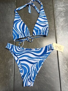 Aurielle Blue & White Wave-Print Bikini Set